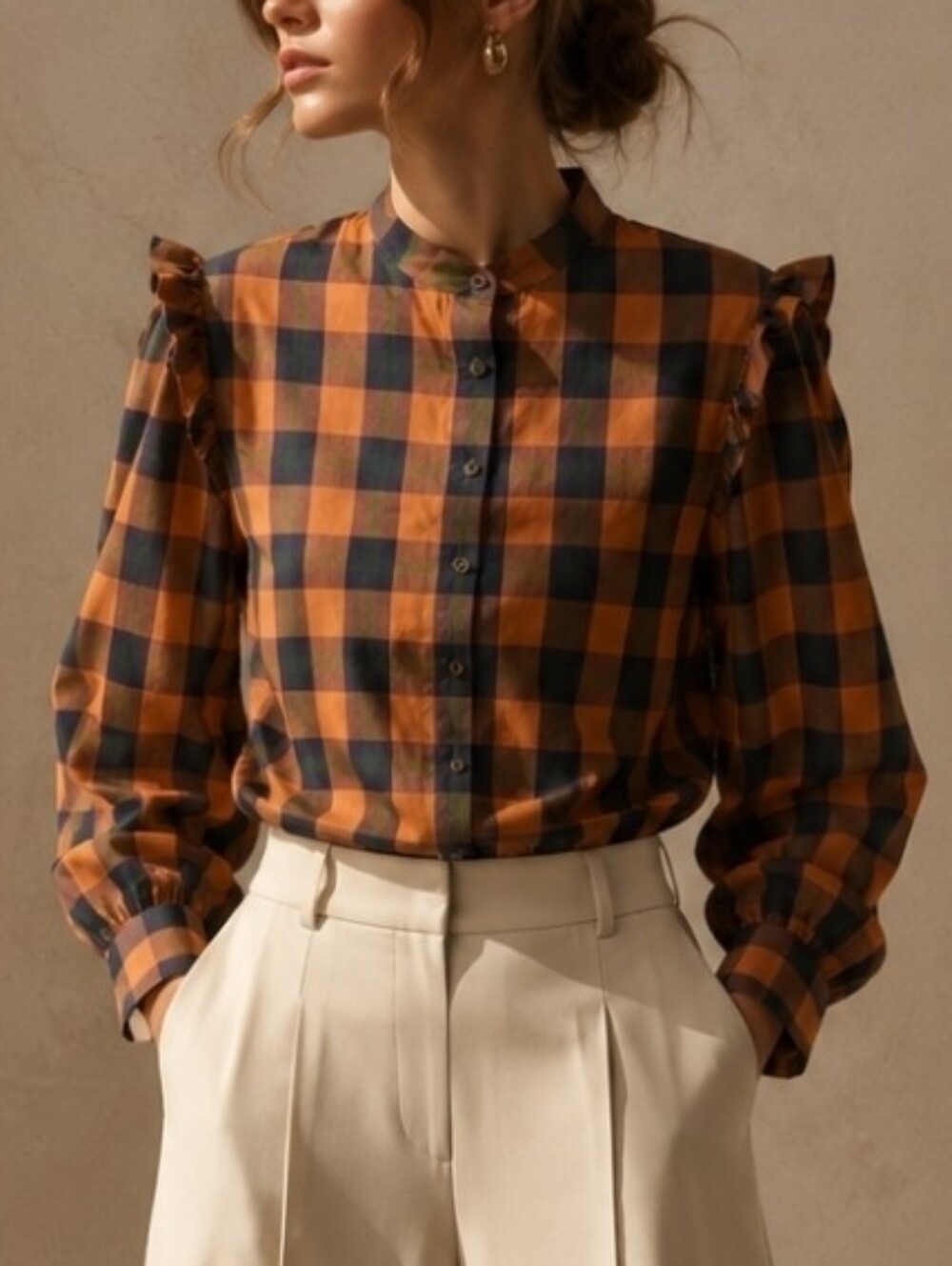 Perry Ellis Vintage Hong Kong Plaid Ruffle Blouse 100% Cotton Dark Academia